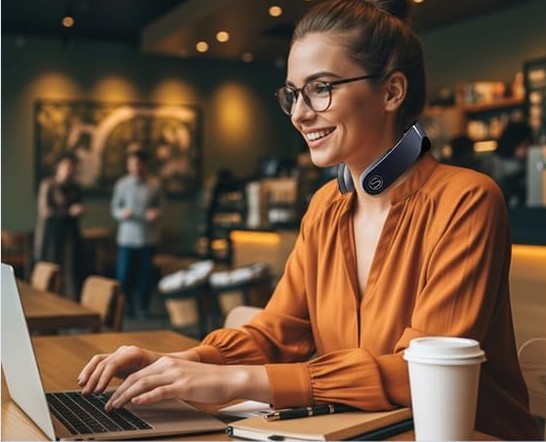 Working on a laptop in a cafe wearing the SKG G7 Pro-Fold neck massager